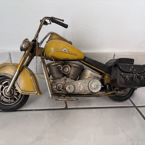 Decorative metal motorcycle used, handmade, yellow miniature