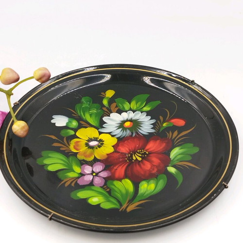 Vintage Russian metal tray from USSR, hand-painted, used