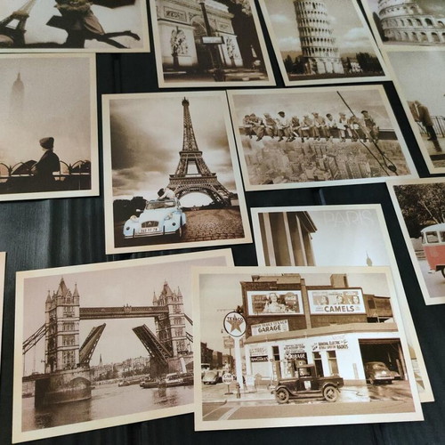 Collectible set of 32 vintage postcards with world landscapes and photos