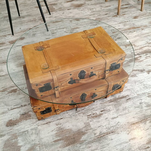 Vintage table with suitcases and round safety glass like new