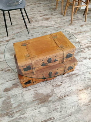 Vintage table with suitcases and round safety glass like new