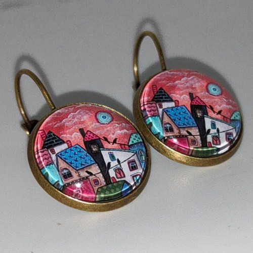 Handmade earrings with painted landscape, like new