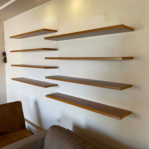 Set of 8 wall shelves with hidden support, wood color, 120x25 cm