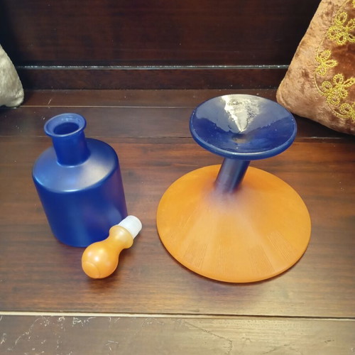 Vintage frosted glass set with blue and orange bottle and martini bowl like new