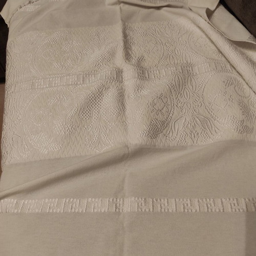 Vintage handwoven white tablecloth used, 100% cotton, 1x1 m