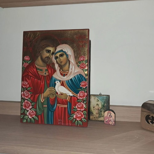 Handmade Byzantine Icon of Saints Peter and Febronia with Flowers