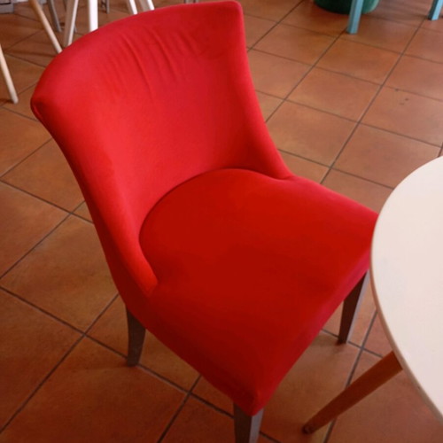 Fabric chairs used, 6 pcs, 2 small tables and 4 handmade painted wooden tables