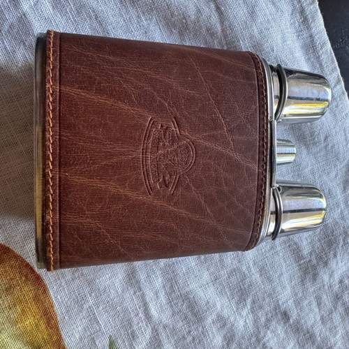 Italian leather flask with two metal cups travel bar set vintage