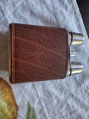 Italian leather flask with two metal cups travel bar set vintage