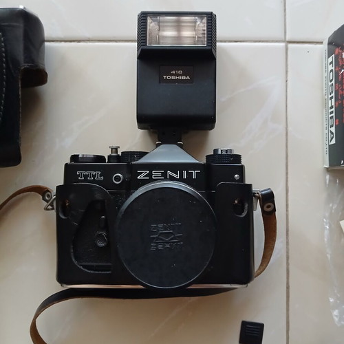 Zenit TTL vintage Soviet analog camera with Helios 44M lens and Toshiba flash, like new