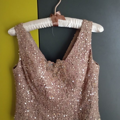 Handmade silk blouse with beads and sequins, S/M, beige, made in France