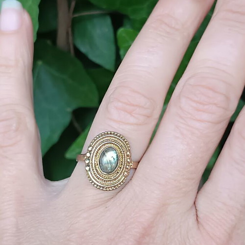 Vintage brass ring adjustable with genuine labradorite stone