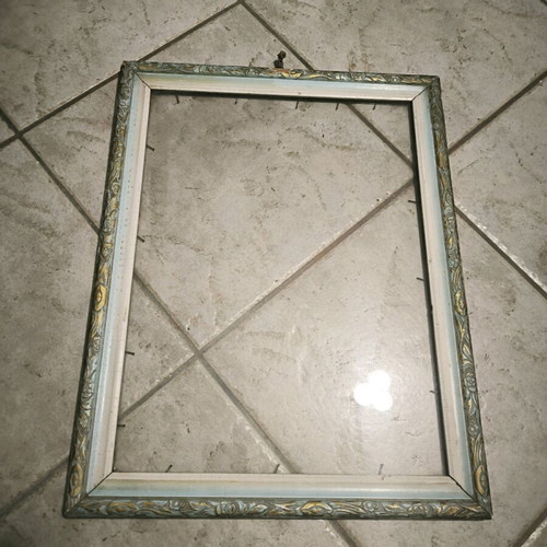 Vintage picture frame with glass used, gold and blue with embossed designs