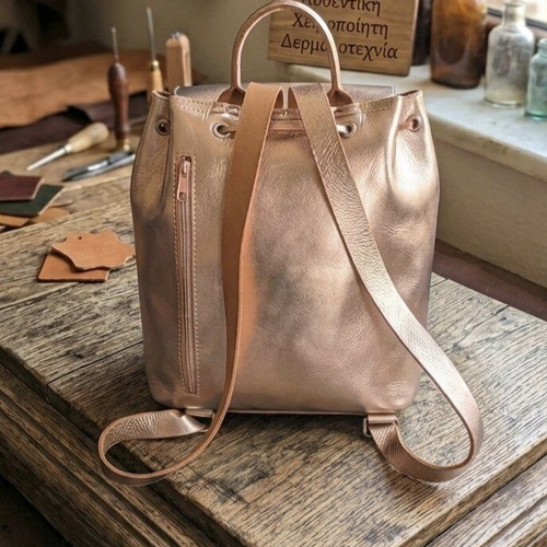 Handmade gold leather backpack new from Greek workshop
