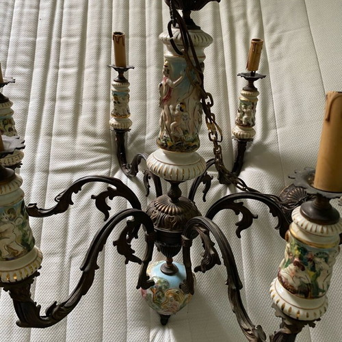 Capo di Monte chandelier used, handmade porcelain and bronze 6-light