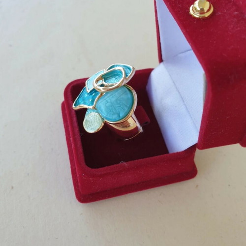 Boho elastic stainless steel ring in gold with turquoise coating like new