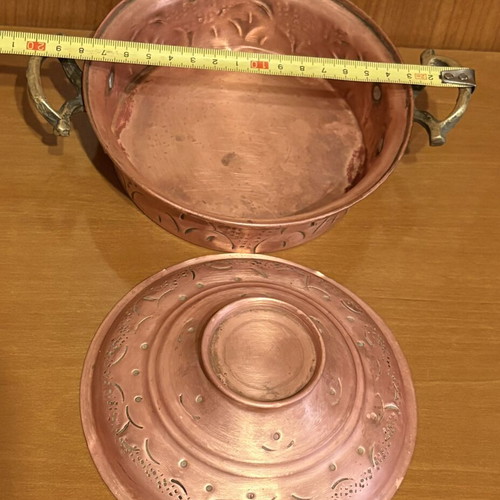 Vintage low copper pot with lid handmade carved polished