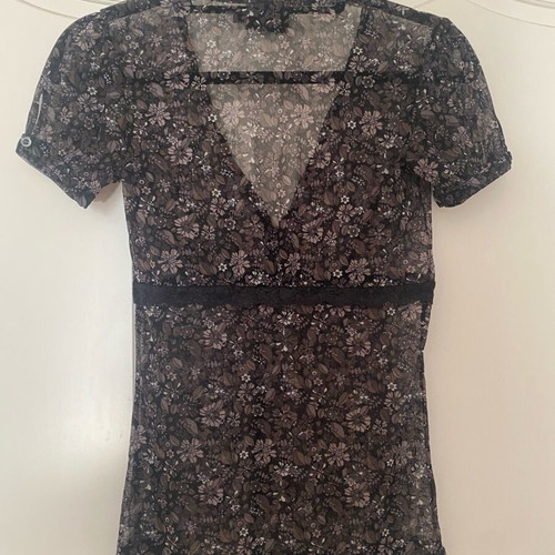 Mexx vintage sheer black floral mesh top with lace trim size S like new