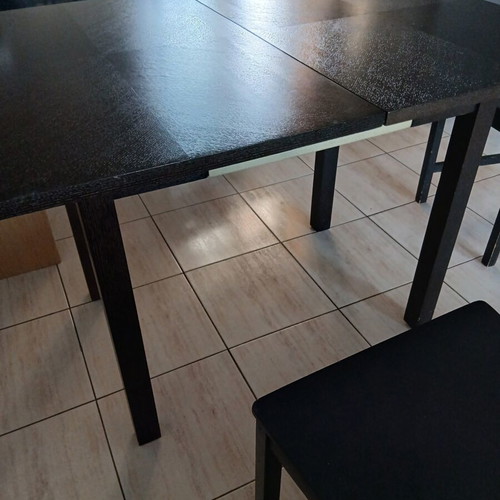 Extendable kitchen table used, black with silver drawer