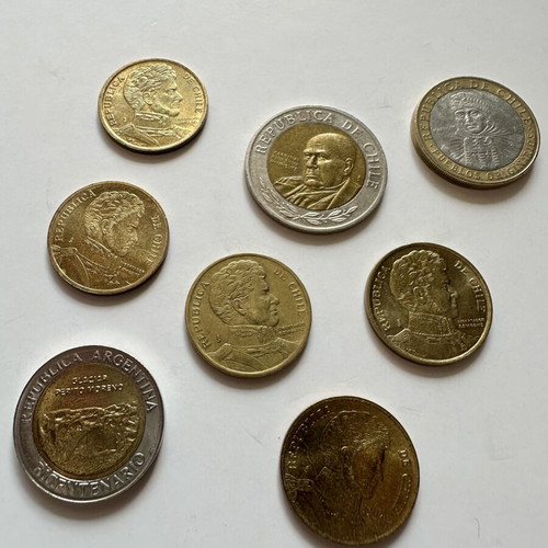 Set of 8 Chilean and Argentine coins used