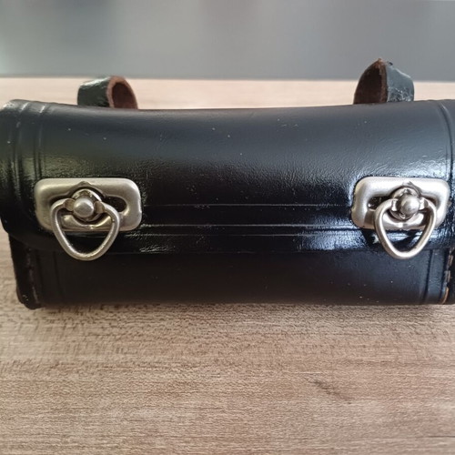 Leather bicycle tool bag used, vintage black with metal clasps
