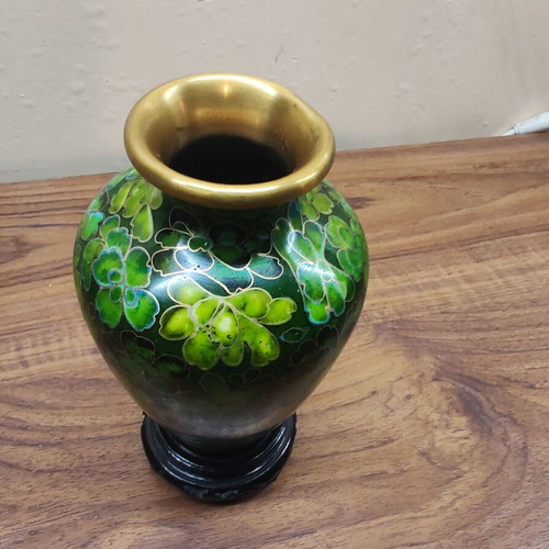 Cloisonné enamel vase set 16 cm like new, green shades