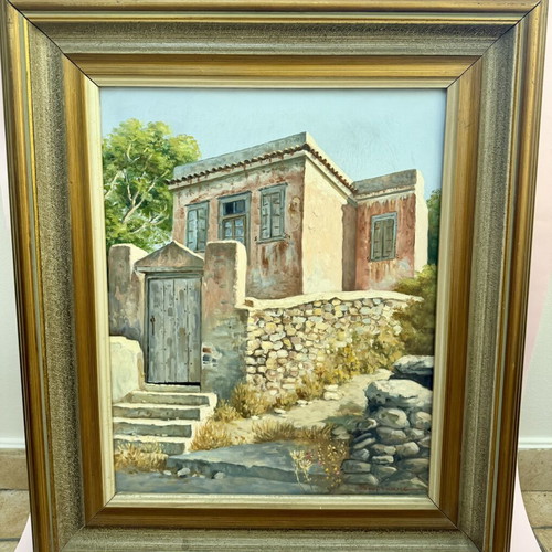 Oil painting by Antonios Voumbakis used, traditional Aegean house