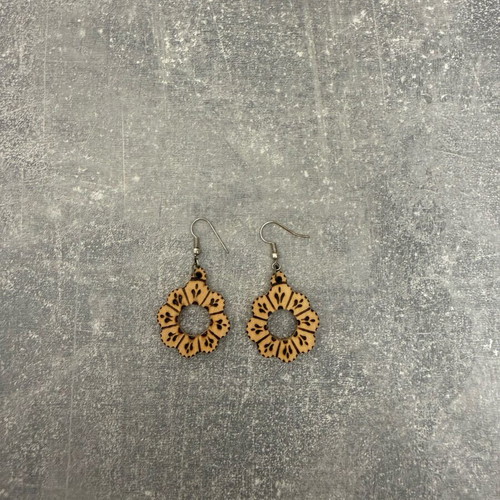 Wooden flower earrings used, boho style brown