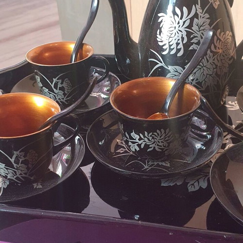 Antique Japanese style tea set from the 60s, wooden lacquered, 21 pieces