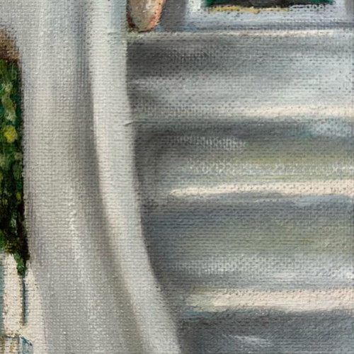 Oil painting used, Greek village scene by K.K. Konstantinou Kevga, 1980