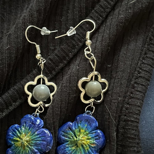 Handmade blue summer earrings with beige detail