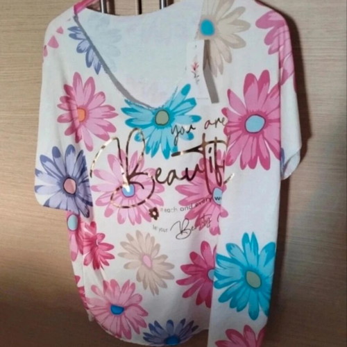 Floral cotton short-sleeve blouse, New Collection Italy, one size