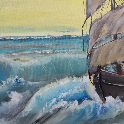 Sailing ship in stormy sea oil painting