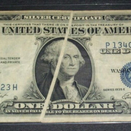 1935-E $1 Silver Certificate with Double Gutter Fold and First Print Misaligned used