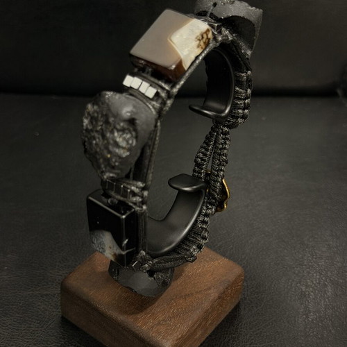 Men's Black Leather Bracelet with Meteorite and Natural Black Agate, New