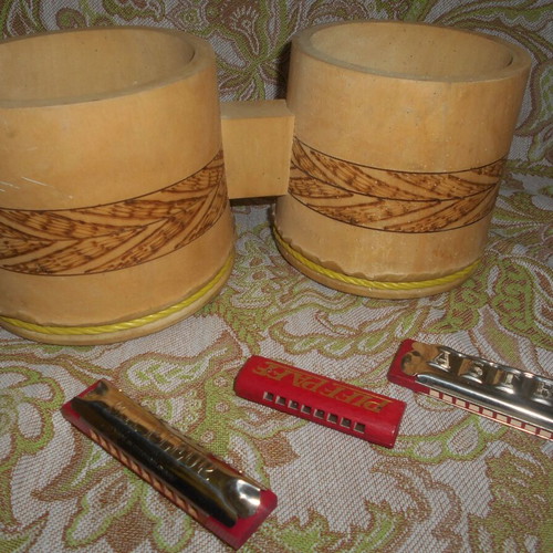 Wooden double tambourine used, diameters 16 and 13 cm with 3 unused Czechoslovak harmonicas from 1950s