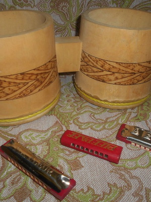 Wooden double tambourine used, diameters 16 and 13 cm with 3 unused Czechoslovak harmonicas from 1950s