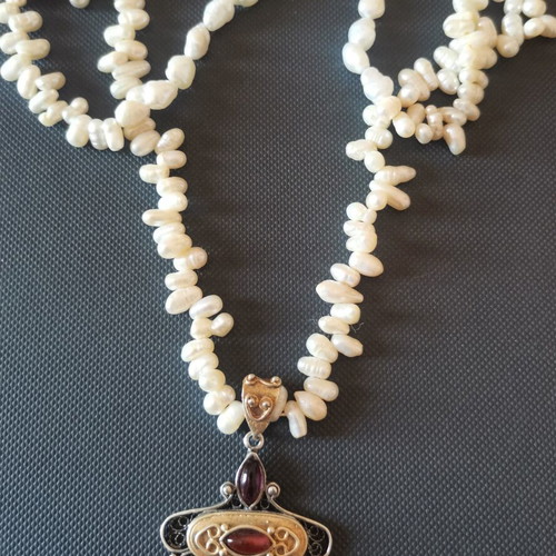 Vintage Byzantine Necklace with Pearls and Silver-Gold Pendant