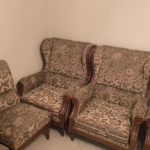 Velvet sofa set with 4 armchairs and 3 tables, carved beech wood