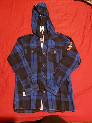 Children's flannel blue checkered shirt with hood like new, size 140 cm