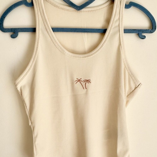 Shein Ribbed Beige Crop Tank Top M New with Palm Tree Embroidery