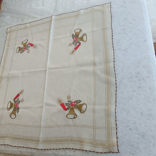 Christmas embroidered tablecloth used, 73×69 cm, vintage fabric