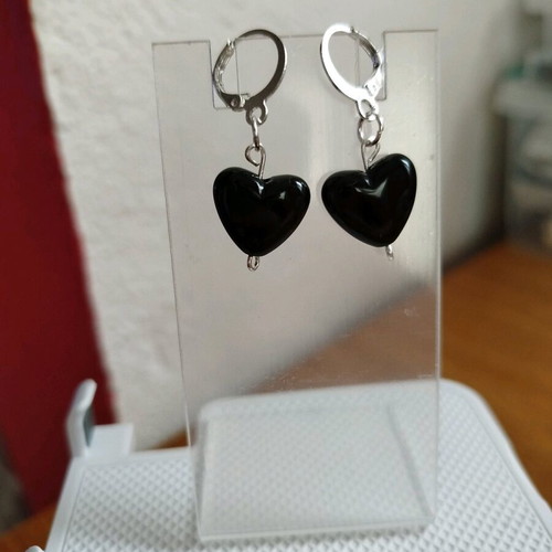 Handmade hypoallergenic earrings new with silver hoops and black hearts