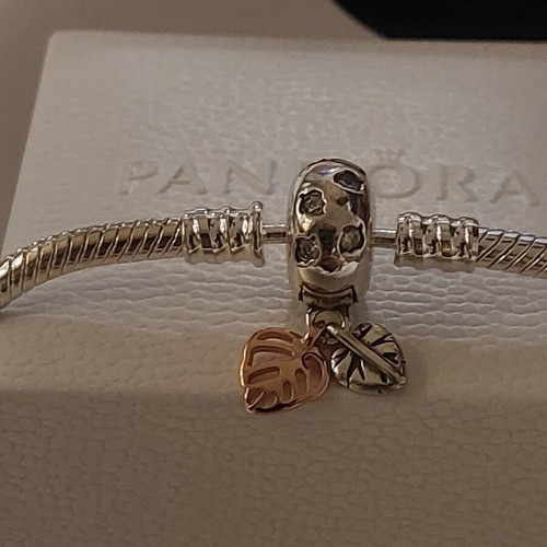Pandora bracelet size 18 with round clasp and two leaf charms