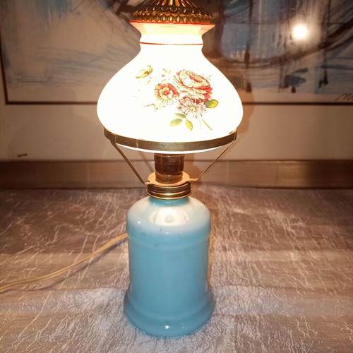 Opaline lamp used with hand-painted shade, shabby chic style