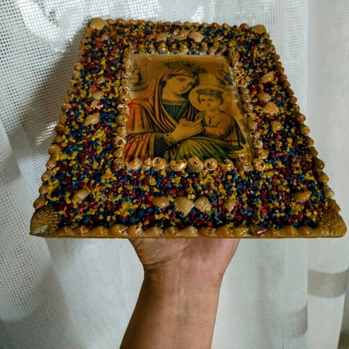 Old Icon of Panagia used, shell and stone frame
