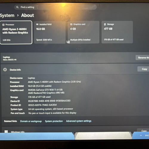 Acer Nitro 5 gaming laptop used, 16GB RAM, Ryzen 5, GTX 1650 Ti, 512GB SSD