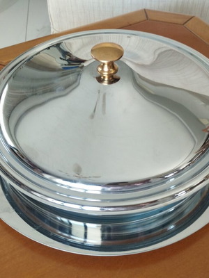 Vintage Chafing Dish Set of 3 with Marinex Glass and Gold Handles like new