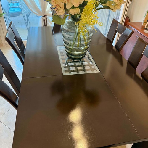 Dining set with 6 chairs, dark brown solid wood, extendable