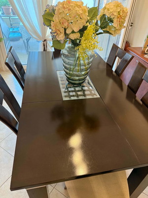 Dining set with 6 chairs, dark brown solid wood, extendable